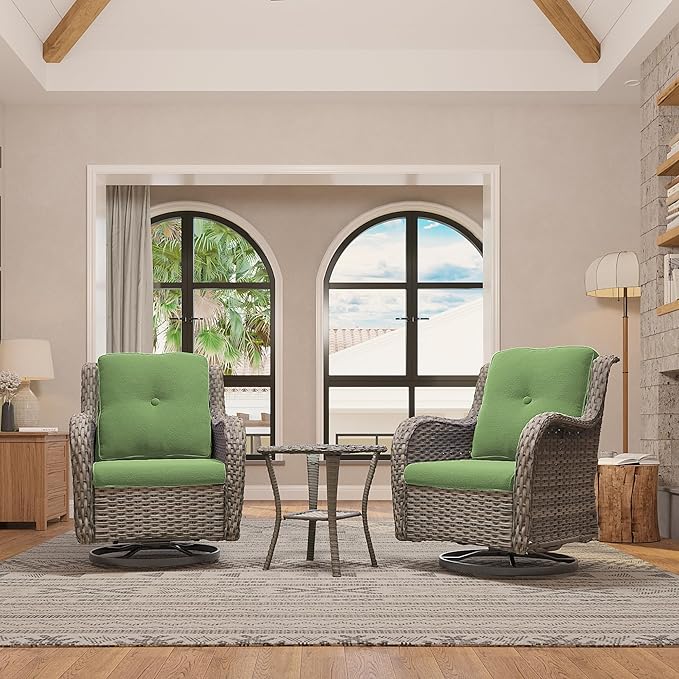 Outdoor 360 Degree Swivel Rocker Patio Chairs Sets of 2 and Matching Side Table - 3 Piece Patio Wicker Glider Chairs with Olefin Cushions(Mixed Grey/Green)