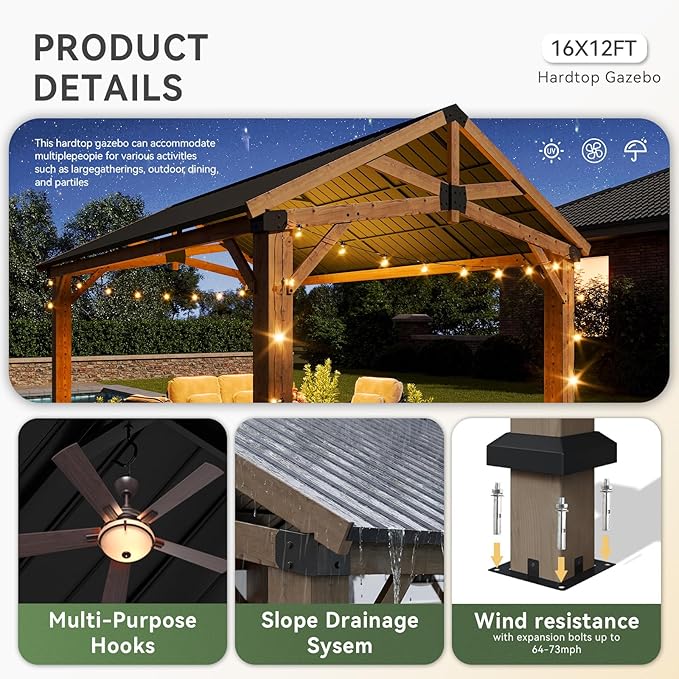 Aoxun 12' x 16' Outdoor Wood Gazebo, Permanent Cedar Wooden Pavilion with Galvanized Steel Hardtop Gable Roof, Heavy Duty Patio Gazebo for Garden, Backyard, Deck, Lawn and Outdoor Living Space