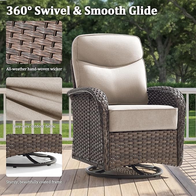 Outdoor Swivel Rocking Chair Patio Set (3-Piece), High-Back - Thick Cushion Swivel Rocking Chair Patio Set, All-Weather Wicker Patio Furniture Set, Suitable for Balcony Patios, Brown/Beige