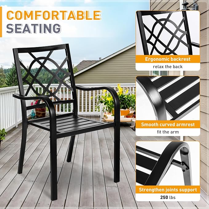 SUNCROWN 5-Piece Outdoor Dinging Set, Wrought Iron Chairs and Table Patio Dining Furniture Set - 4 Stackable Metal Chairs, 1 Steel Slat Bistro Table for Garden Backyard Deck