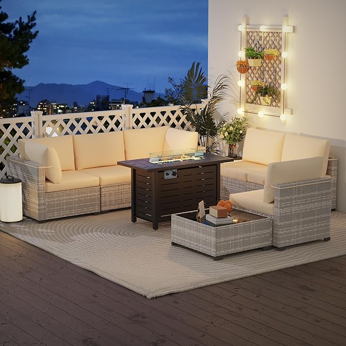 KIGOTY Patio Furniture Set with Fire Pit Table, 8 Pieces Outdoor Furniture Set with 43in Gas Fire Pit and Coffee Table, PE Rattan Patio Conversation Sofa Sets, Patio Sectional Sofa（Grey White/White）