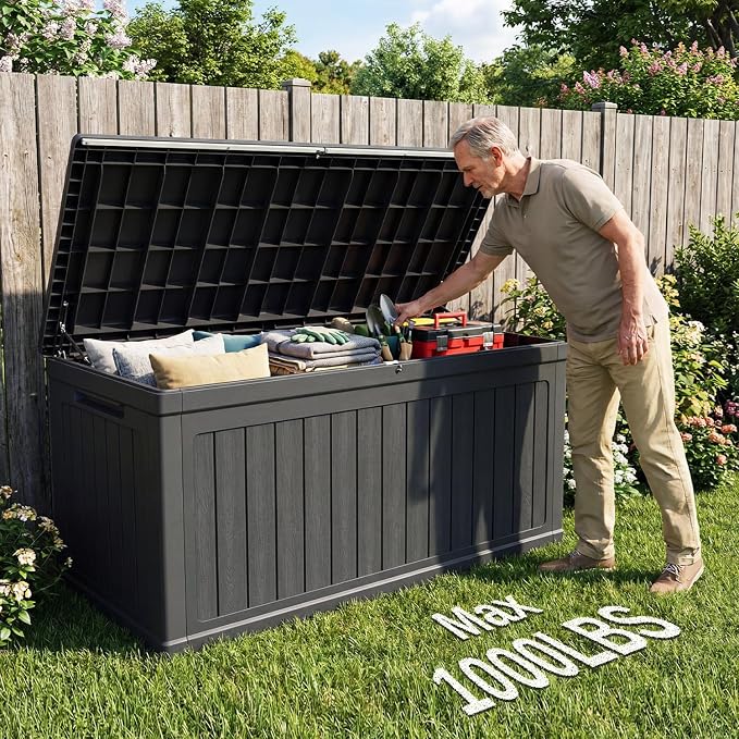 320 Gallon Outdoor Storage Deck Box, Waterproof Resin Deck Boxes with Handle & Lockable for Patio Furniture, Garden & Pool Tools -Swimming Pool, UV Resistant, Black (320)