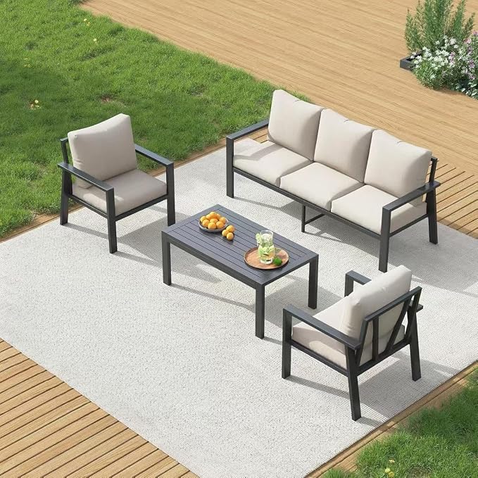 UDPATIO 4 Pieces Aluminum Patio Furniture Set Outdoor Metal Conversation Sofa Seating Set with Coffee Table for Garden Backyard, Beige