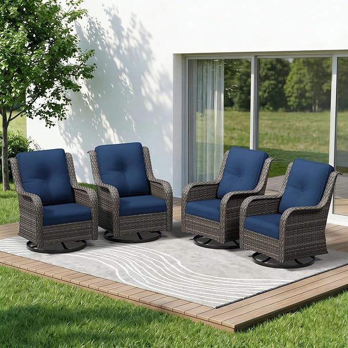 4 Piece Outdoor Swivel Rocker Patio Chairs Set, Patio Chairs Set of 4 with Thickened Olefin Cushions, High Back and Deep Seating, Hand-Woven PE Rattan for Porch, Deck, Blue
