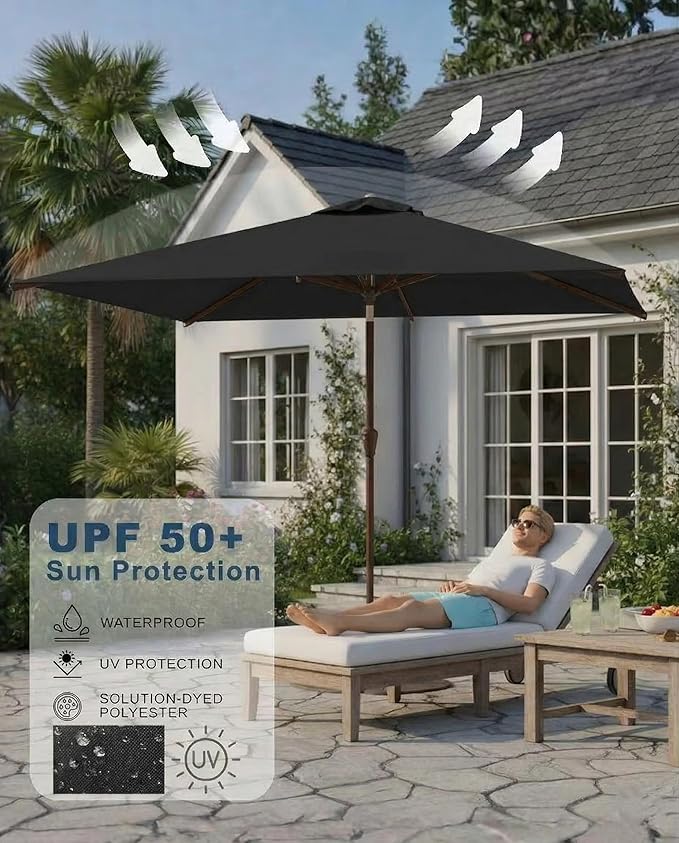 6.5x10FT Patio Umbrella, Outdoor Umbrella with Push Button Tilt and Crank, 8 Sturdy Ribs, UV Protection & Waterproof Market Umbrella for Pool, Backyard, Beach,Deck (Black)