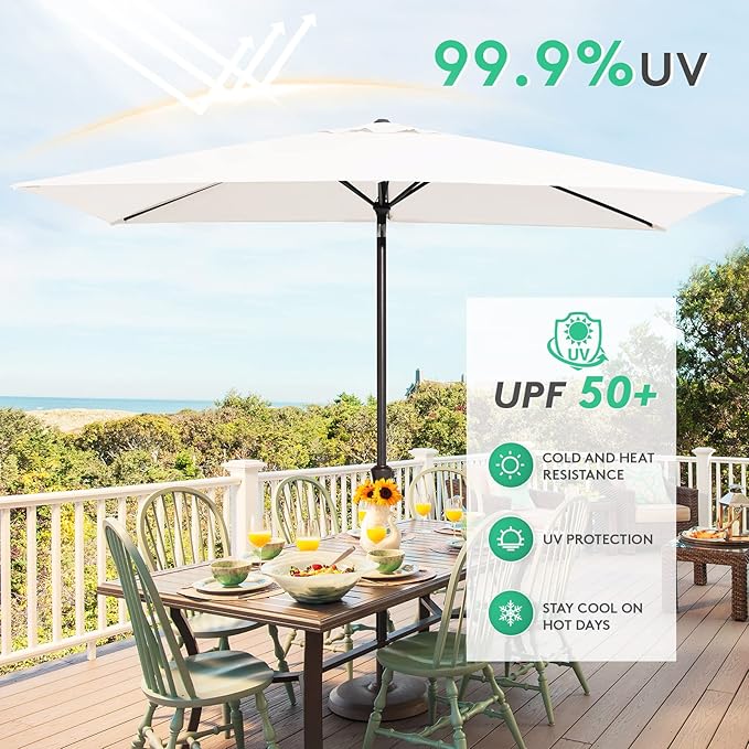 JEAREY 6.5x10ft Olefin Rectangular Patio Umbrella, Rectangle Outdoor Umbrellas with Auto Tilt Crank System, Market Table Umbrella UV Protection Fade-Resistant for Pool Deck Garden Yard, Cream White