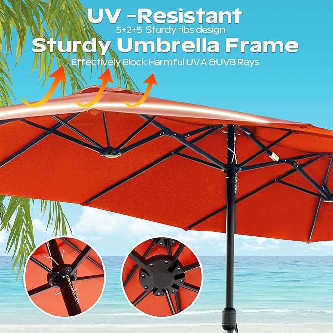 15ft Umbrella Outdoor Patio - Double-Sided Large Market Rectangle Umbrellas with Crank Handle for Patio Garden Yard Pool (No Base)
