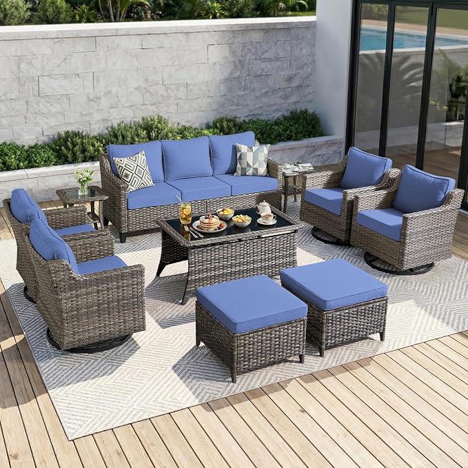 Luxury Patio Furniture sofa Set - 10 Pieces All Weather Wicker Outdoor Couch and High Back Swivel Rocker Patio Chairs with Glass coffee table for Deck Yard and Poolside Gray Wicker | Blue Cushions