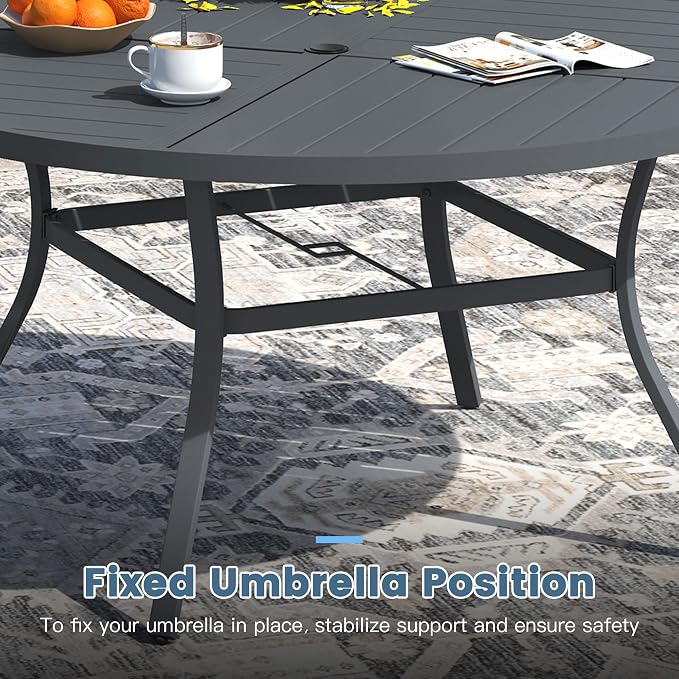 DIFY 59.8" Round Outdoor Patio Dining Table for 8-10, All-Weather Metal Steel Slatted Patio Table with 1.57" Adjustable Umbrella Hole for Garden, Backyard, Deck, Grey