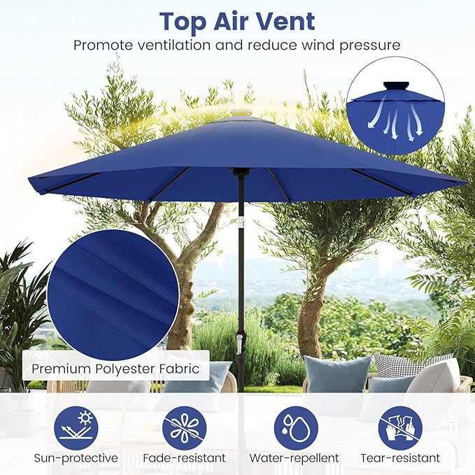 Tangkula 10 FT Solar Patio Umbrella, Outdoor Market Table Umbrella with 96 Multi-Colored Flowing LED Lights, 9 Modes, Tilt Adjustment, Crank Handle, 8 Ribs, Vented Top for Backyard Poolside Deck Lawn