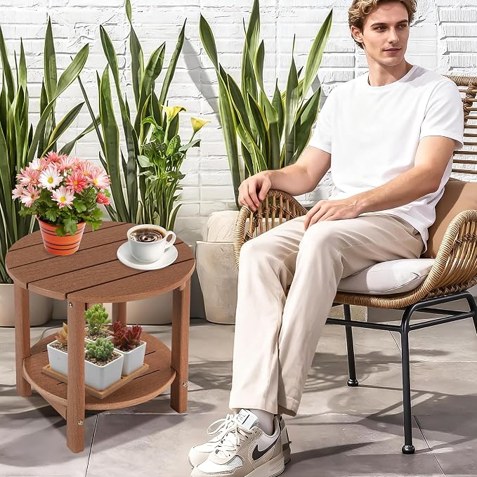 LZRS Round Adirondack Side Table Double End Table, Outdoor Side Tables for Patio, Backyard,Pool, Indoor Companion, Easy Maintenance & Weather Resistant(Brown)