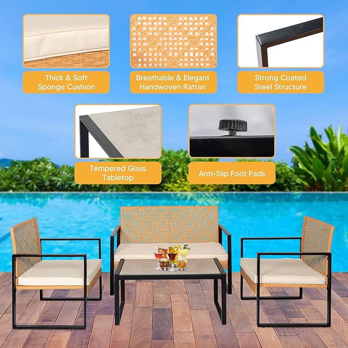 PROHIKER 4 Pieces Patio Furniture Set, Outdoor Wicker Patio Conversation Sets with Cushion and Glass Table, Front Porch Furniture Sets for Yard Pool Backyard Garden