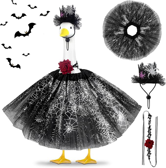 alloween Porch Goose Outfits and Goose Clothes Fits 17-23 In Statue | Black Tutu Skirt Goose Costume with Rose Necklace for Outdoor Patio Yard Lawn Party Decoration