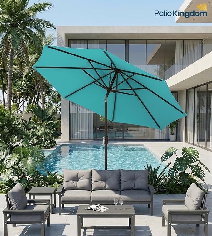 PatioKingdom 9FT Patio Outdoor Umbrella-UPF 50+ Sun Shade with Wind Vent, Push-Button Tilt & Smooth Crank Lift, Rust-Resistant Fiberglass Frame for Garden, Backyard,Yard (Peacock Blue)