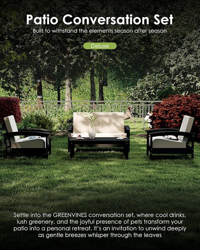 GREENVINES Deluxe 4-Piece Patio Furniture Set | HDPE Plastic | Outdoor Sectional Conversation Sets | All-Weather Couch | Sofa with Coffee Table | Black Frame w/Beige Cushion | for Porch Lawn | Black