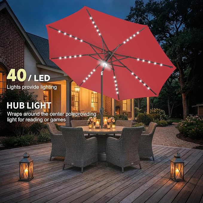 10ft Solar Umbrella Outdoor - Lighted Solar Patio Umbrella with 40 LED Lights Waterproof UV Protection, Table Umbrella with Tilt for Pool, Porch, Garden, Deck, Backyard (Red)