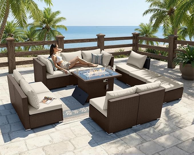 BULEXYARD 11 Piece High Back Outdoor Furniture Set with Firepit, Cozy Patio Conversation Set with Ottoman Modular, Extra Wide Deep 10-Seats Sectional Couch Sofa for Yard, Brown Rattan & Beige Cushion