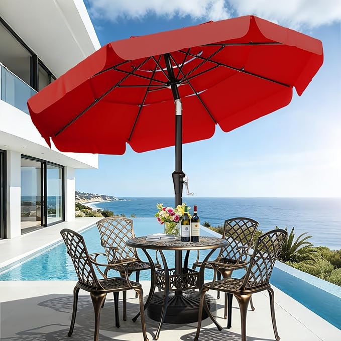 AreShark 9FT 3-Tiers Patio Umbrella with Valance, Outdoor Umbrellas with Crank/Tilt, Table Market Umbrella Vented w/ 8 Sturdy Ribs for Garden, Deck, Backyard, and Pool, Red