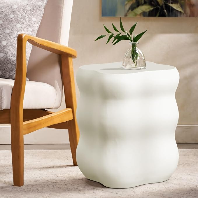 LuxenHome Outdoor Side Table, 18'' White Concrete End Tables, Modern Curves Square Small Accent Table for Patio, Indoor, Outdoor, Porch, Poolside, Backyard, Decorative Garden Stool, Plant Stand