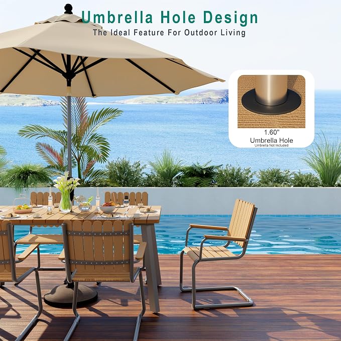 7 Pieces Outdoor Dining Set for 6, Patio Table and Chairs Set with Umbrella Hole, All-Weather HDPE Outdoor Furniture Sets for Backyard Poolside Lawn Garden (Gray & Teak)