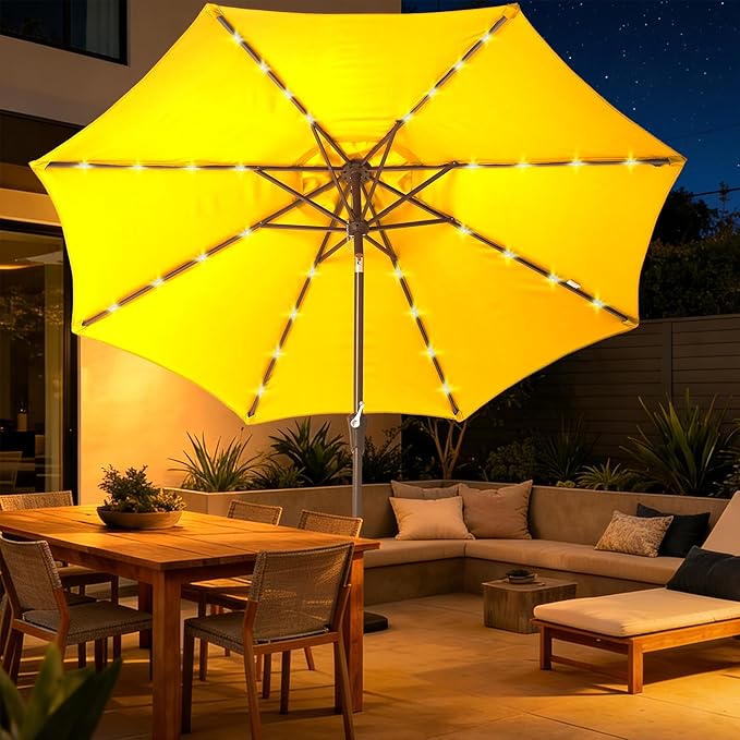 9FT Solar-Powered LED Patio Umbrella with Tilt Crank,Outdoor Market Umbrella with 32 Lights,Sunshade for Deck, Garden and Pool