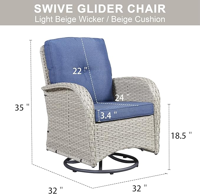 2 in 1 Porch Glider Swivel Chair - Wicker Patio Furniture Outdoor Swivel Rocker Chair with Thick Cushion, 300 Lb Weight Capacity Patio Swivel Glider Seating - Light Beige Wicker Blue Cushion