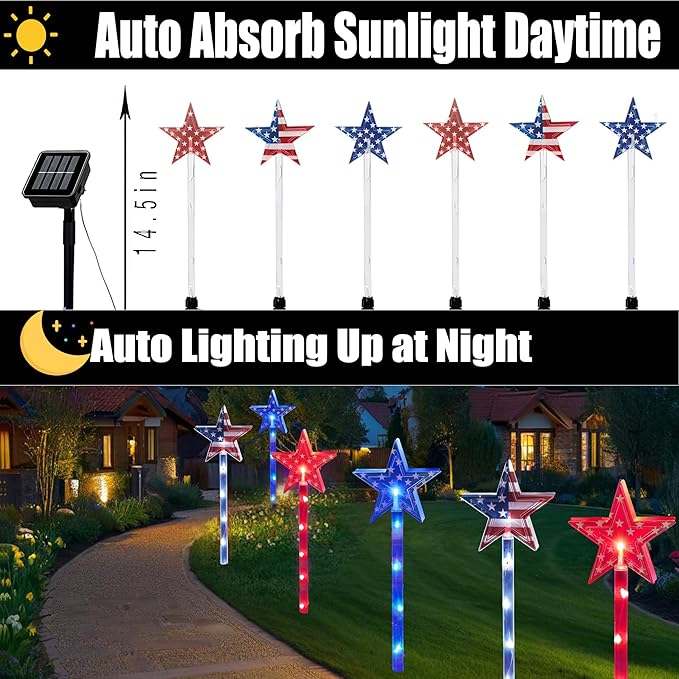 4th of July Decorations Outdoor Red White and Blue Pathway Lights, 6 Pack Flag Star Stake Lights for Independence Day Memorial Day Patriotic American Flag Decor Outside Landscape Garden Yard Lawn