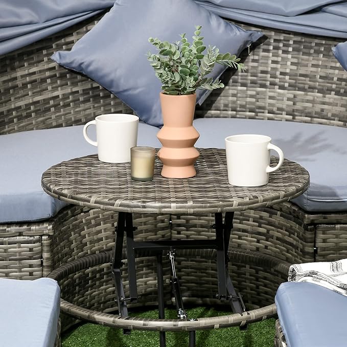 Outsunny 4 Piece Round Rattan Daybed, Convertible Patio Furniture Set, Adjustable Sun Canopy, Sectional Outdoor Sofa, 2 Chairs, Extending Tea Table Ottoman Chair, 3 Pillows, Light Gray