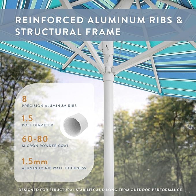 California Umbrella 12-Year Protection 7.5-Ft Outdoor Patio Umbrella, Sunbrella Fade-Resistant Fabric, Auto-Tilt, Heavy Duty Aluminum Frame, 8 Reinforced Ribs for Pool or Deck, White Pole, Dolce Oasis