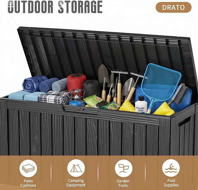 DRATO 90 Gallon Waterproof Outdoor Resin Deck Box, Lockable Storage Box Equipped with Wheels, Weather Resistant Organizer for Backyard Patio Furniture, Pool Goods and Garden Tools, Black