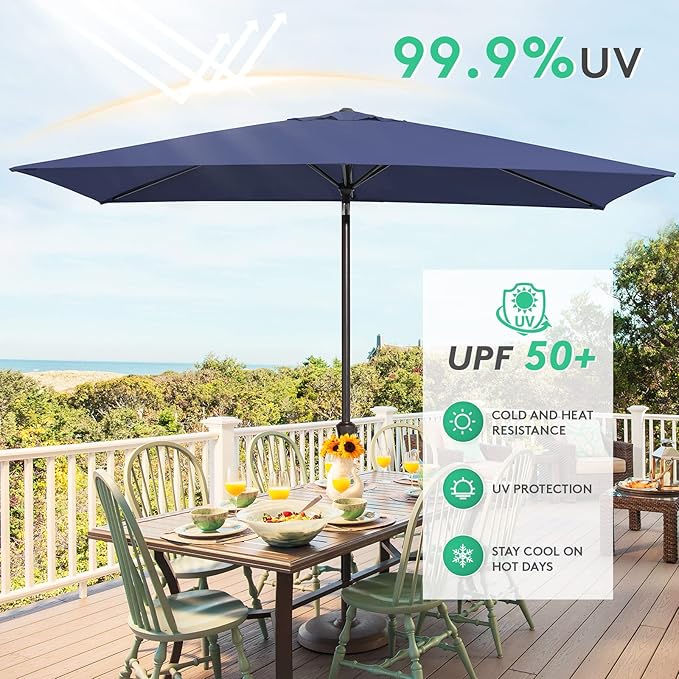 JEAREY 6.5x10ft Olefin Rectangular Patio Umbrella, Rectangle Outdoor Umbrellas with Auto Tilt Crank System, Market Table Umbrella UV Protection Fade-Resistant for Pool Deck Garden Yard, Navy