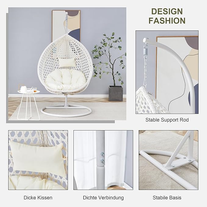 Egg Chair Indoor, Hanging Egg Chair with Stand, Rattan Wicker Swing Chair with Cushions, Swinging Chair for Bedroom Outdoor Patio Balcony Backyard Heavy Duty 350LBS,White