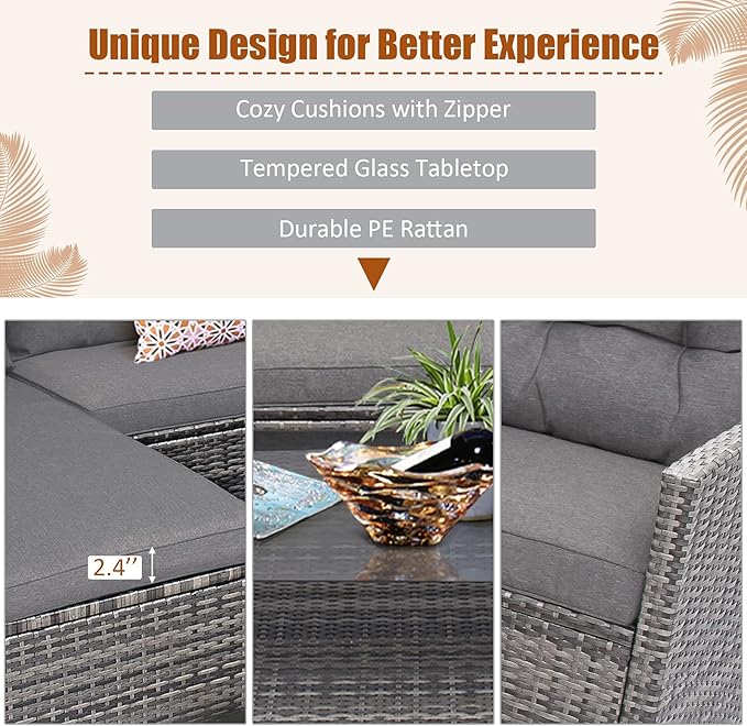 Tangkula 4 Pieces Rattan Conversation Set, Patiojoy Outdoor Furniture Set with Cushions, Lounge Sofa Set with Coffee Table, Patio Sectional Sofa Set for Patio Garden Poolside Backyard (Gray)
