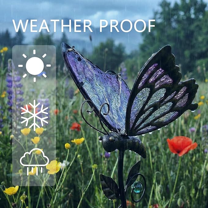 Decorative Outdoor Solar Butterfly Lights,Warm LED Handcrafted Pink Glass Stakes, 35 Inch Tall, Auto On-Off for Up to 8 Hours Glow, Waterproof Yard Patio Ornaments
