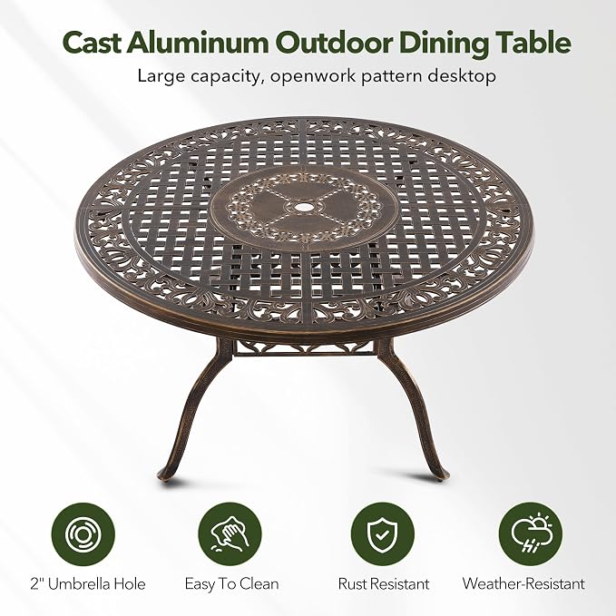 7-Piece Cast Aluminum Outdoor Table and Chairs, Classic Vintage Patio Dining Set for 6 Include 54.5" Round Dining Table and 6 Chairs with Removable Cushion and Umbrella Hole