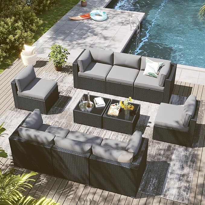 LazySunsets 10 Piece Outdoor Patio Furniture Set with Coffee Table, Outdoor Patio Furniture Sets with Waterproof Cover, Wicker Rattan Outdoor Conversation Set for Backyard & Garden, Light Grey