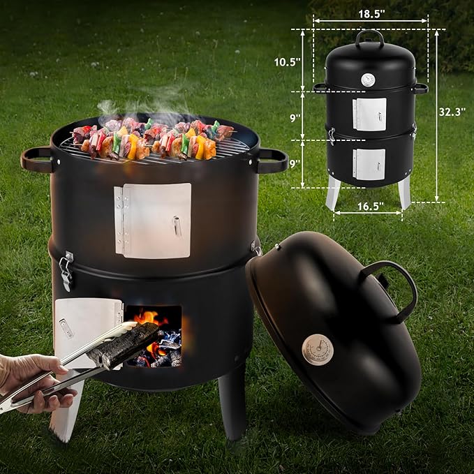 Heavy Duty Double Layer Round BBQ Grill,3-in-1 Vertical Steel Charcoal Smoker, 18 Inch Multi-Layer Charcoal BBQ Smoker Grill,Idea for Parties, Backyard, Barbecues