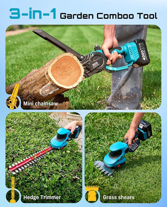 SEESII 3 in 1 Cordless Mini Chainsaw & Hedge Trimmer Combo, 8 Inch Battery Powered Chainsaw with Grass Shear, 800W Brushless Motor, 2x 4000mAh Batteries, Ergonomic Yard Garden Tool Set for Trimming