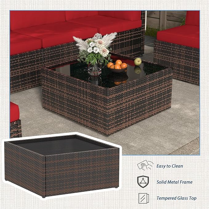 AECOJOY 7 Piece Outdoor Patio Furniture Set, Outdoor Sectional Conversation Furniture Chair with Coffee Table,Patio Sectional for Garden,Backyard(Red Cushions and Brown PE Rattan)