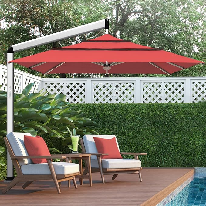 EliteShade USA Atlas 3-Tier 10x10FT Full Aluminum Cantilever Patio Umbrella for Outdoor restaurant Garden Courtyard Deck Pool and Marketing with Light,Red
