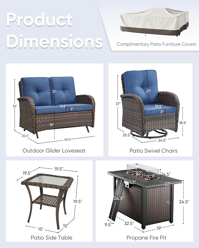 5 Pieces Patio Furniture Set with Fire Pit Table-All Weather Rattan Wicker Outdoor Glider Bench with Outdoor Swivel Chair Outdoor Furniture for Deck Porch Garden Balcony Poolside-Brown/Blue
