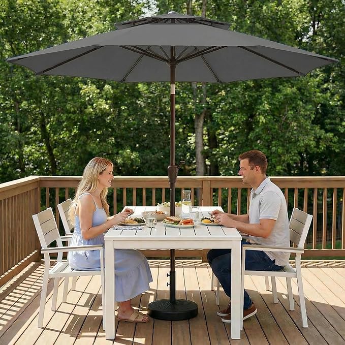 Outdoor Patio Umbrella, 2 Tiers Market Table Umbrella with 8 Sturdy Ribs, Push Button Tilt and Crank, UPF50+ UV Protection for Deck, Pool, Garden and Backyard
