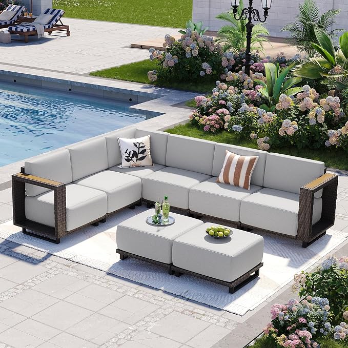 Aoxun Patio Furniture Set, 8 Piece Outdoor Wicker Sectional Sofa Set, All-Weather Rattan with 10'' Ultra-Thick Cushions, Outdoor Conversation Set for Backyard, Poolside and Garden, Brown/Light Gray