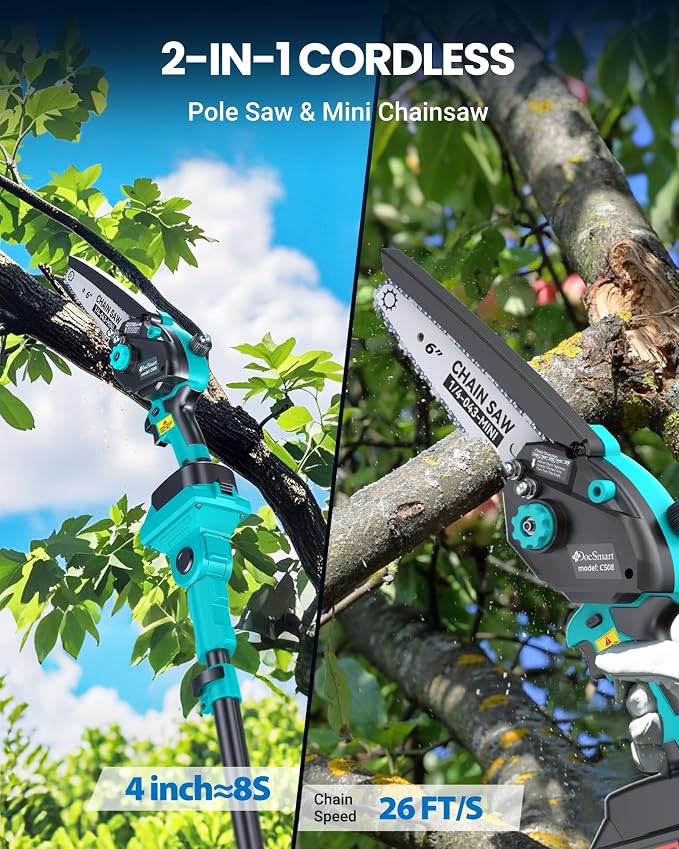 Electric Pole Saws for Tree Trimming, 2x4000mAh Brushless Mini Chainsaw Cordless with Extension Pole, Battery Powered Hand Held Chain Saw Pole Pruner for Cutting Tree Limbs, Gifts for Father's Day