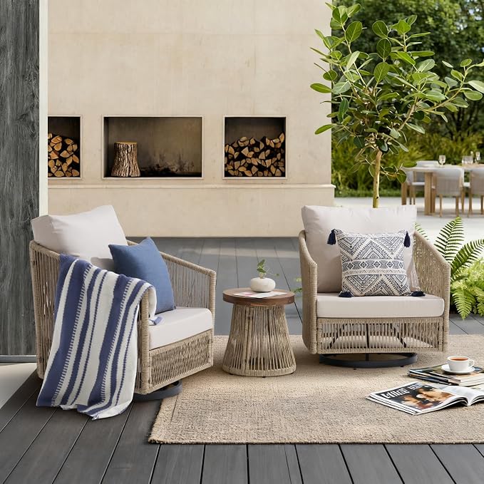 SUNSITT 3-Piece Patio Furniture Set, Outdoor Swivel Chairs with Wood Top Coffee Table, Modern Open Weave Wicker Patio Set for Balcony, Porch, Backyard, Deck, Natural Color
