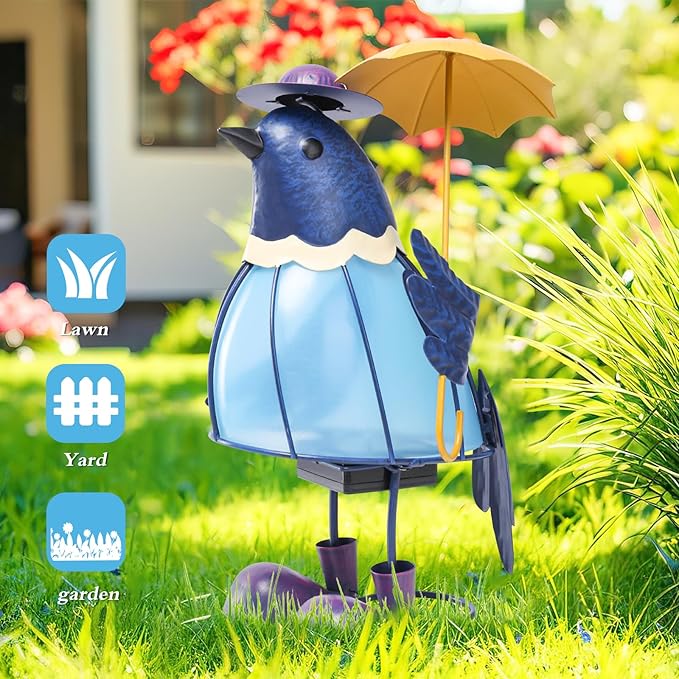 MUMTOP Solar Outdoor Lights Garden Decor, Cute Bluebirds Waterproof Solar Powered LED Light Metal Bird Holding Yellow Umbrella Yard Art Ornament for Patio Outside Lawn Backyard Balcony Decorations
