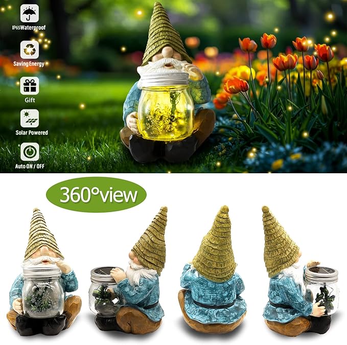 Solar Firefly Jar Gnome Waterproof, Mother's Day,Birthday Housewarming Gifts for Mom Women,Large Garden Gnome Funny Solar Outdoor LED Lights Resin Statues 10.6" Lantern Figurines Decorations