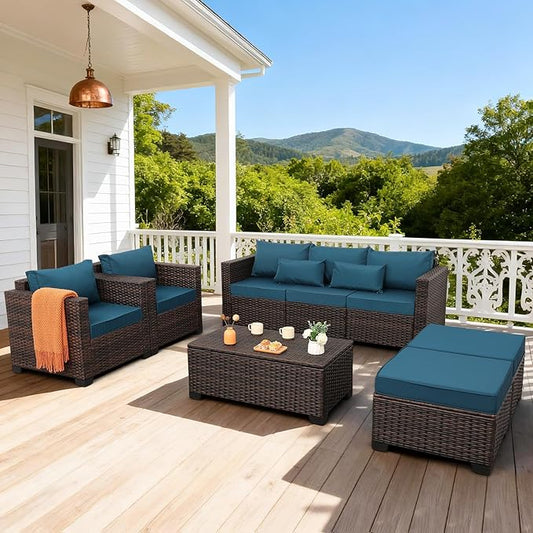 Wicker Patio Furniture Set 6 Pieces Outdoor Furniture Chairs and Couch Storage Table Anti-Slip Cushions and Waterproof Covers, Peacock Blue