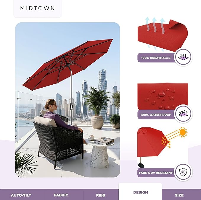 Midtown Umbrellas – The Swilt 9 Ft Patio Umbrella with 360° Swivel & Tilt Mechanism, Sunbrella Fabric & 8 Fiberglass Ribs – Outdoor Umbrella for Deck, Pool & Cafes – Red Canopy, Black Pole