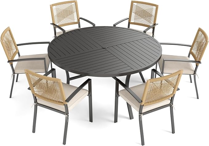 PHI VILLA Outdoor Dining Set for 4, 54" Round Table, Wicker Chairs | Outdoor Dining Set for 6, Round Patio Dining Table Set with Patio Wicker Chairs for Garden, Porch, Deck
